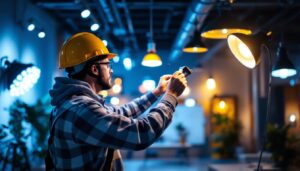 A photograph of a lighting contractor at work