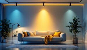 A photograph of a well-lit room showcasing various pot lights in different styles and placements