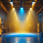 A photograph of a modern led lighting setup in an industrial or commercial space