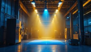 A photograph of a modern led lighting setup in an industrial or commercial space