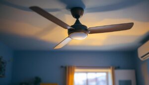 A photograph of a stylish ceiling fan in a well-lit room