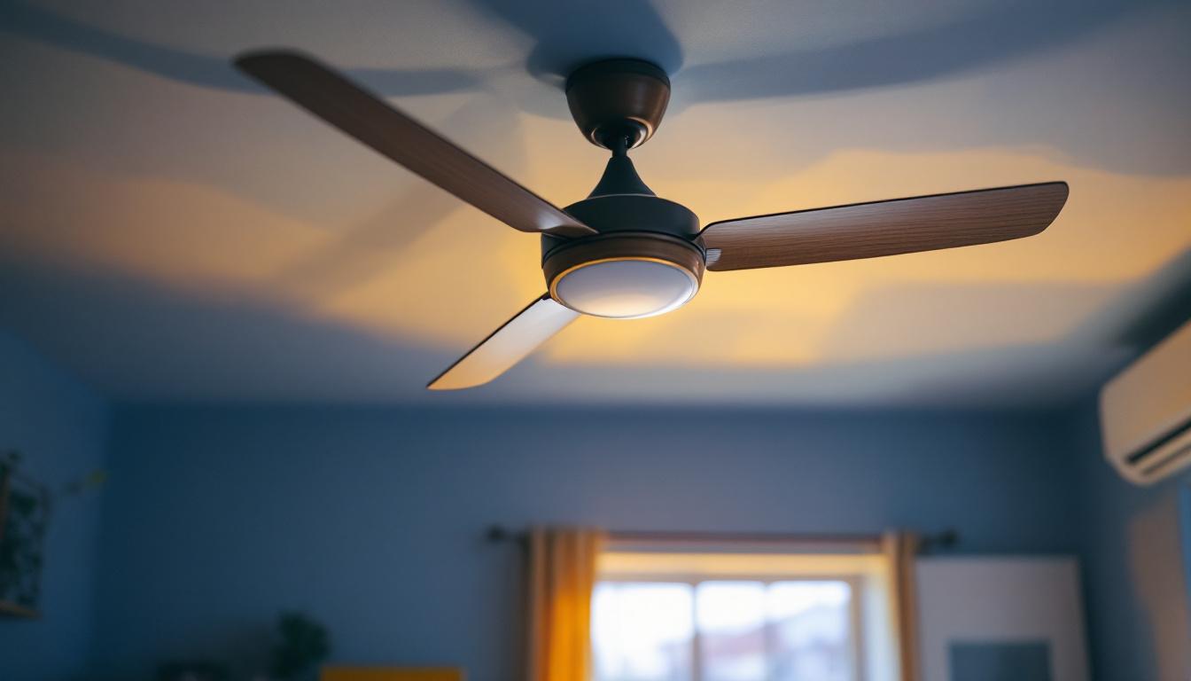 A photograph of a stylish ceiling fan in a well-lit room