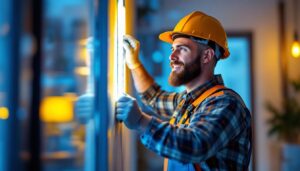 A photograph of a lighting contractor efficiently installing led strip tape in a modern setting