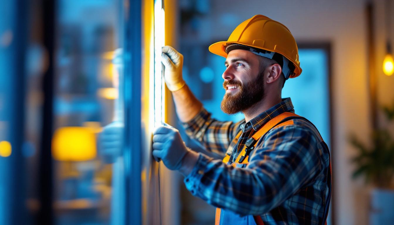 A photograph of a lighting contractor efficiently installing led strip tape in a modern setting
