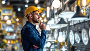 A photograph of a lighting contractor thoughtfully examining a variety of modern light fixtures in a well-organized showroom
