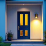 A photograph of a well-lit front entrance featuring a modern door sensor light in action