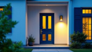 A photograph of a well-lit front entrance featuring a modern door sensor light in action