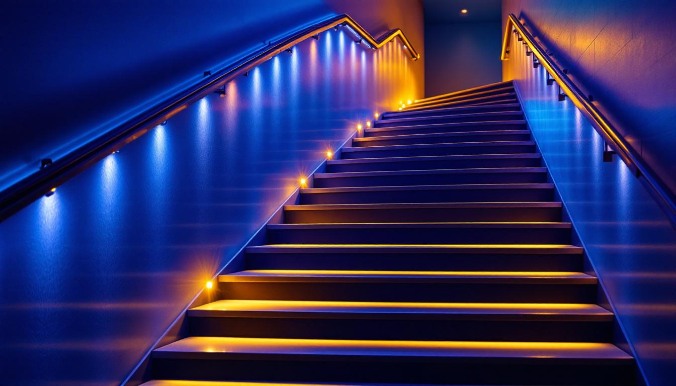 A photograph of a beautifully illuminated staircase featuring stylish led lights