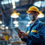 A photograph of capture a photograph of a lighting contractor inspecting an industrial workspace