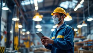 A photograph of capture a photograph of a lighting contractor inspecting an industrial workspace