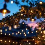 A photograph of a beautifully lit outdoor space featuring a variety of stylish hanging lights