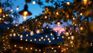 A photograph of a beautifully lit outdoor space featuring a variety of stylish hanging lights