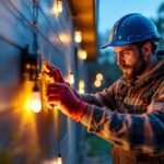 A photograph of a skilled lighting contractor installing outdoor led strip solar lights in a backyard setting