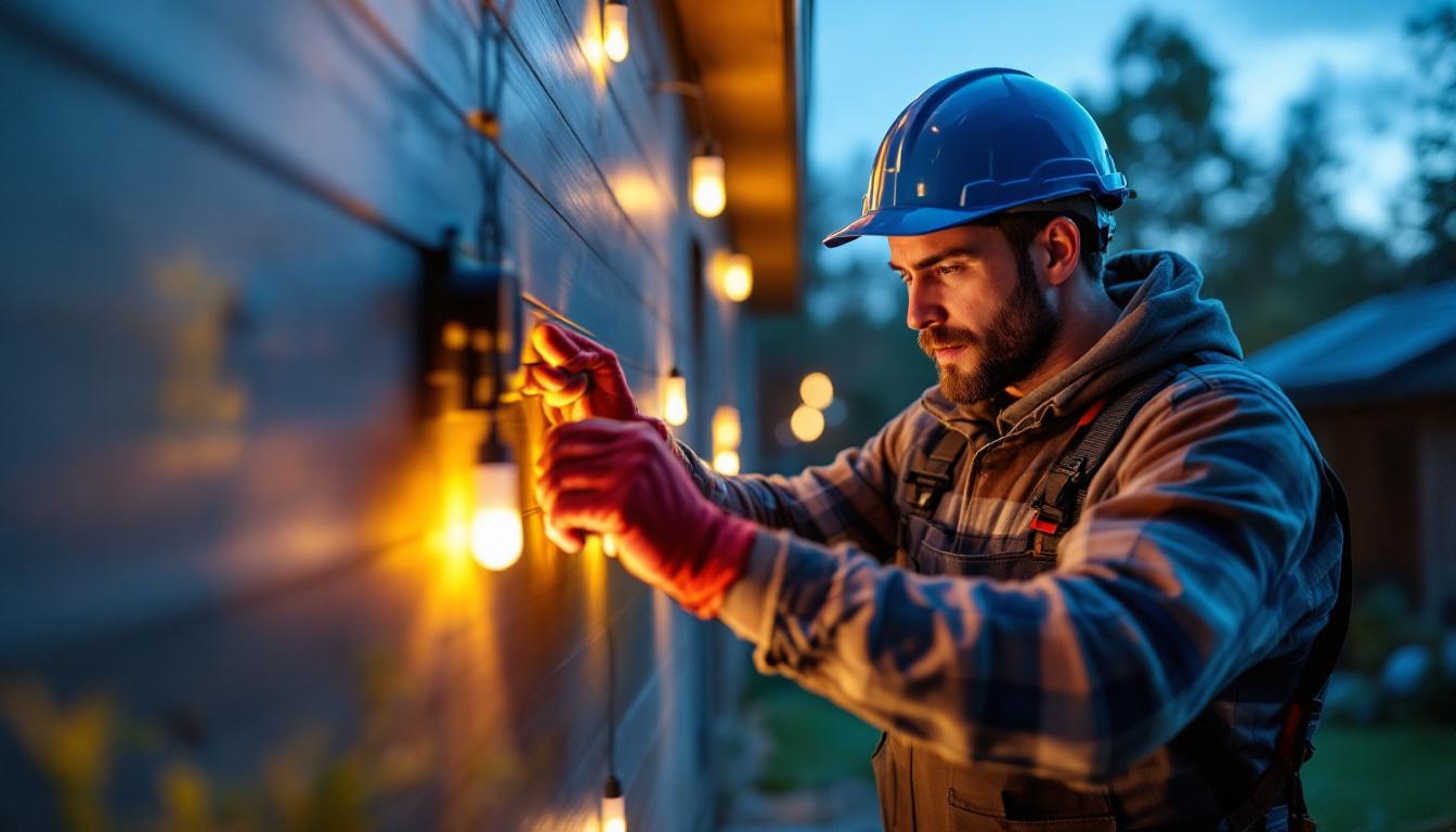 A photograph of a skilled lighting contractor installing outdoor led strip solar lights in a backyard setting