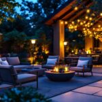 A photograph of a beautifully designed outdoor patio setting at dusk