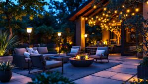 A photograph of a beautifully designed outdoor patio setting at dusk