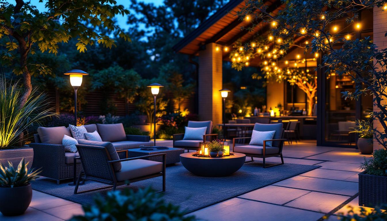 A photograph of a beautifully designed outdoor patio setting at dusk