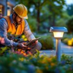 A photograph of a lighting contractor installing a solar uplight in a beautifully landscaped outdoor setting