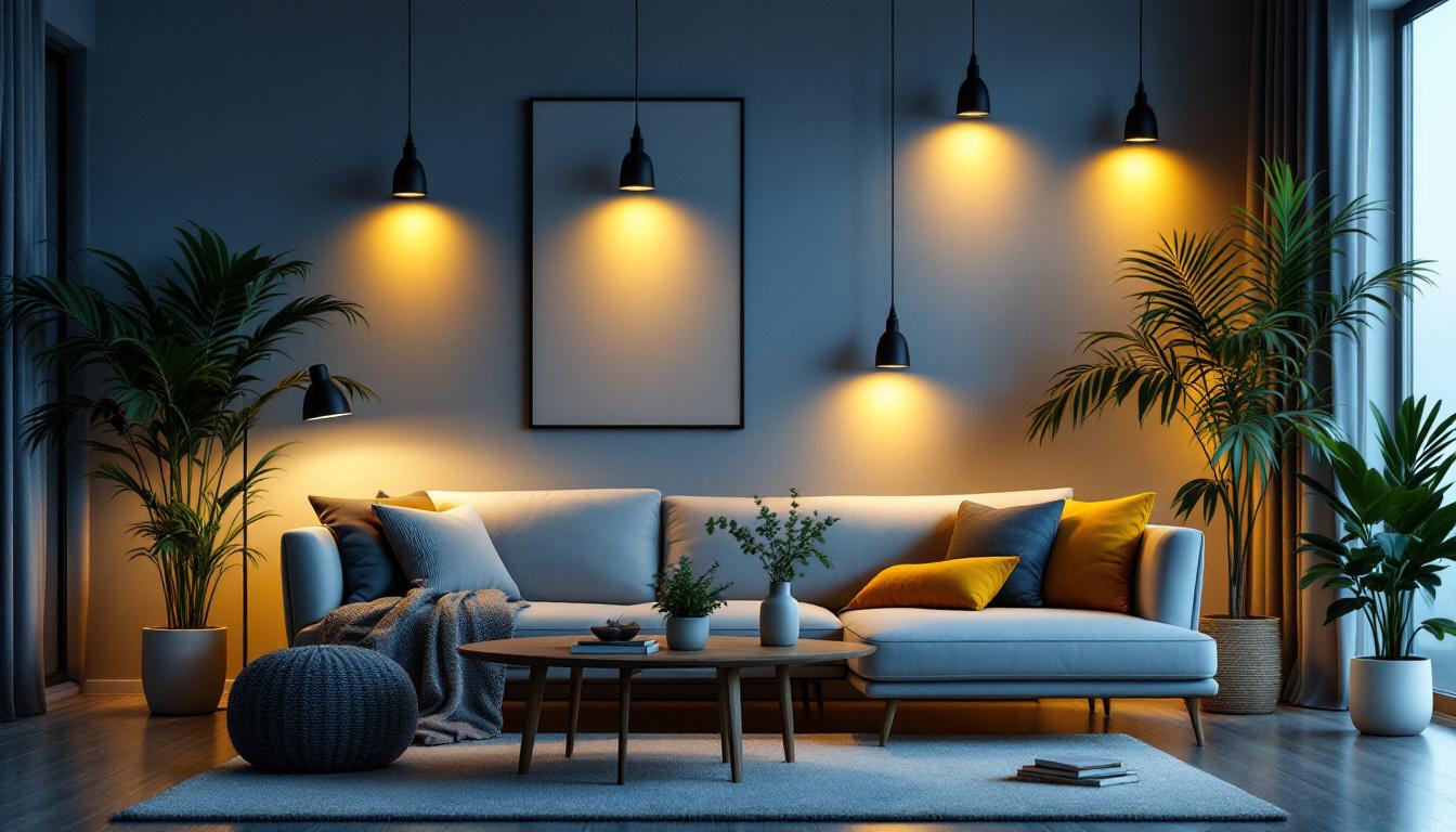 A photograph of a beautifully lit modern living space showcasing various pot lights in different settings