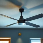 A photograph of a stylish industrial ceiling fan in a modern interior setting