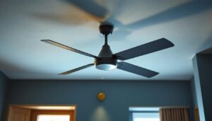 A photograph of a stylish industrial ceiling fan in a modern interior setting
