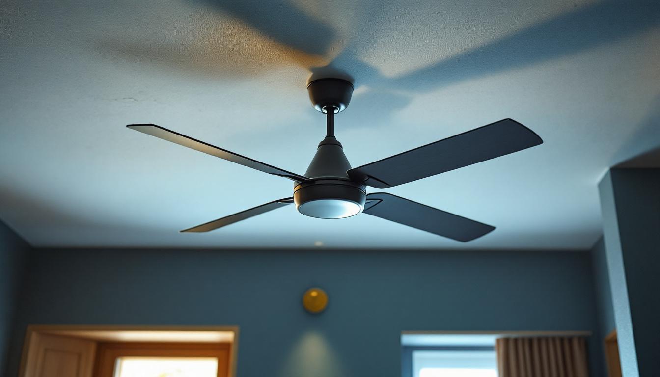 A photograph of a stylish industrial ceiling fan in a modern interior setting