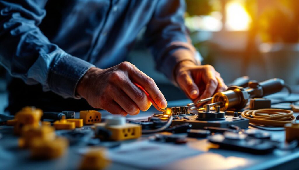 A photograph of a skilled lighting contractor working with various electrical sockets and tools in a well-lit setting