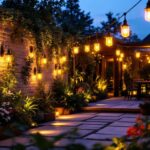 A photograph of a beautifully illuminated outdoor space featuring a variety of decorative lighting fixtures