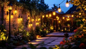 A photograph of a beautifully illuminated outdoor space featuring a variety of decorative lighting fixtures