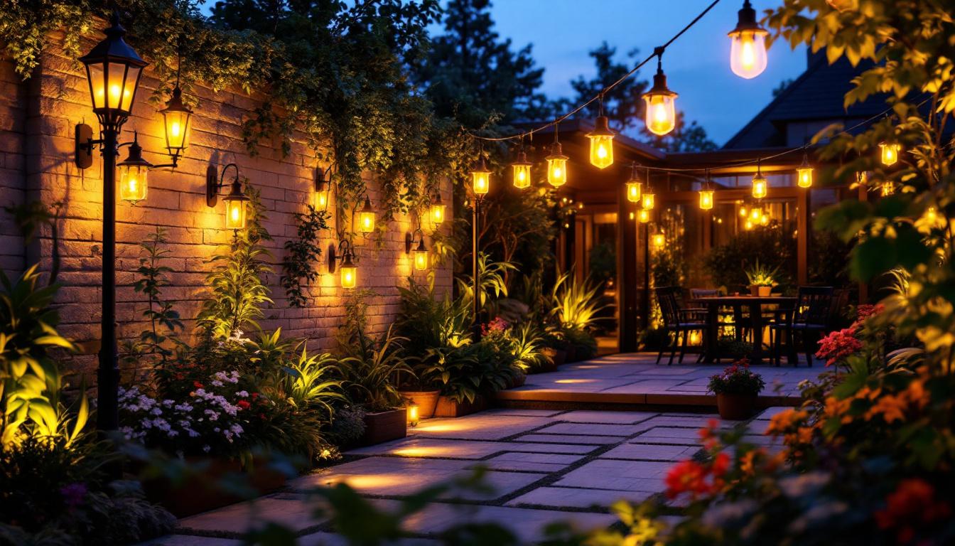 A photograph of a beautifully illuminated outdoor space featuring a variety of decorative lighting fixtures