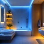 A photograph of a modern bathroom featuring stylish led lighting that highlights energy-efficient design elements