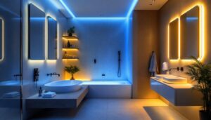 A photograph of a modern bathroom featuring stylish led lighting that highlights energy-efficient design elements