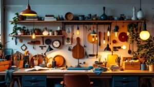 A photograph of a well-organized workspace featuring a variety of stylish light fixtures