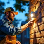 A photograph of a lighting contractor installing an outside motion sensor light in a residential setting during dusk