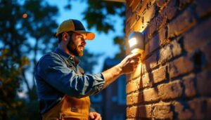 A photograph of a lighting contractor installing an outside motion sensor light in a residential setting during dusk