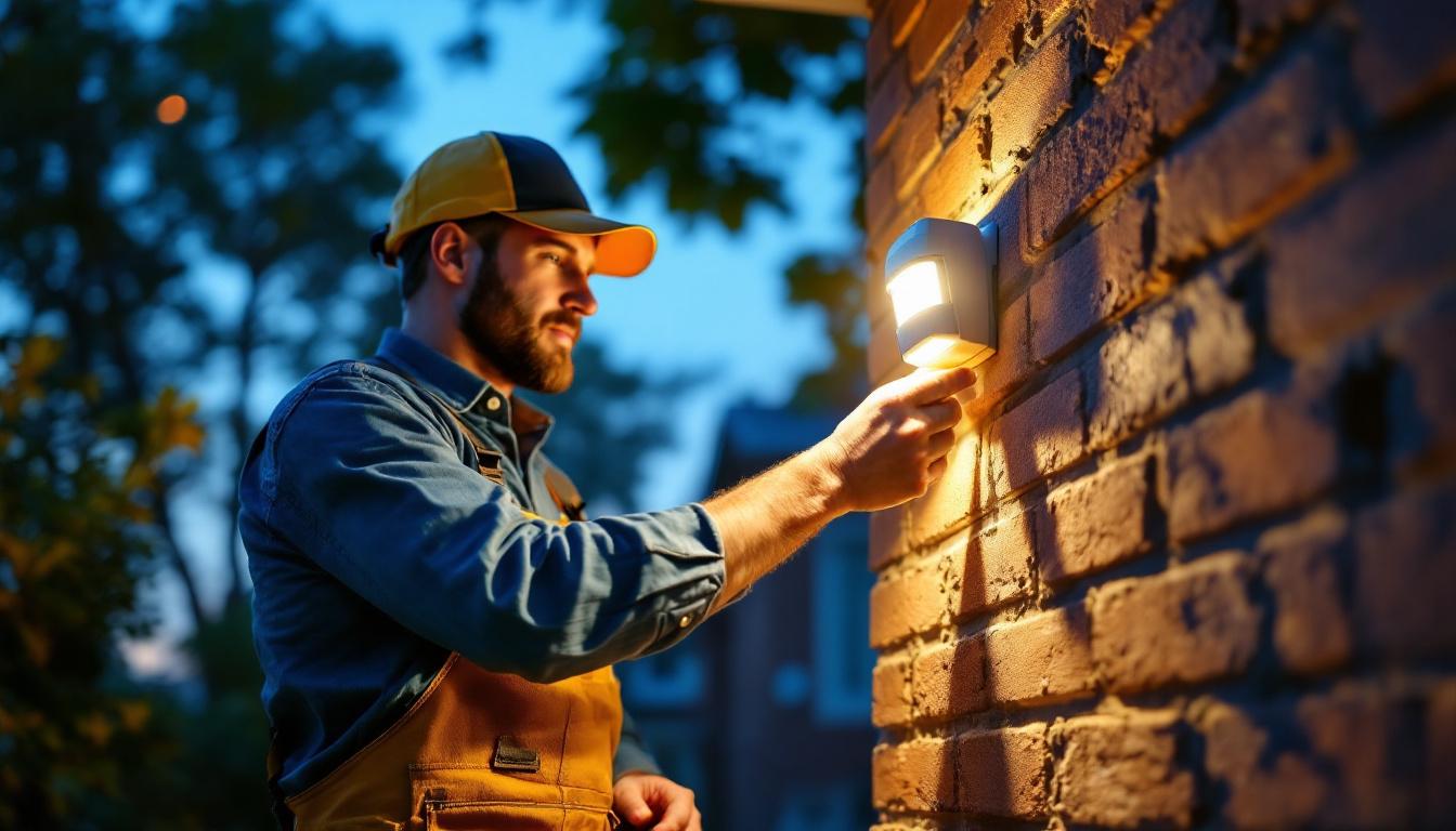 A photograph of a lighting contractor installing an outside motion sensor light in a residential setting during dusk