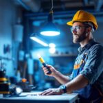 A photograph of a lighting contractor installing a feit led shop light in a well-lit workspace