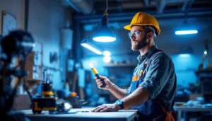 A photograph of a lighting contractor installing a feit led shop light in a well-lit workspace