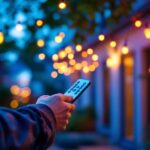 A photograph of a lighting contractor expertly installing colorful string led lights in a residential outdoor setting
