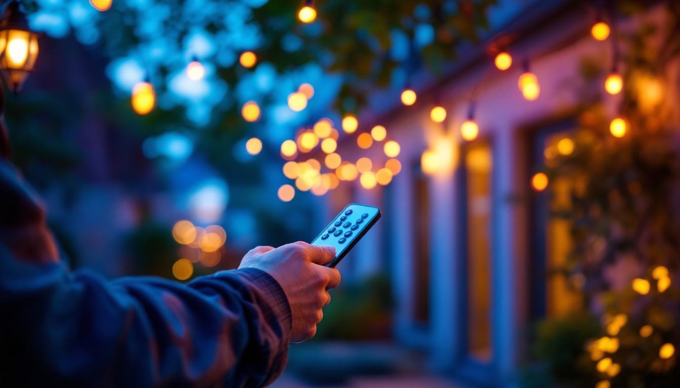 A photograph of a lighting contractor expertly installing colorful string led lights in a residential outdoor setting