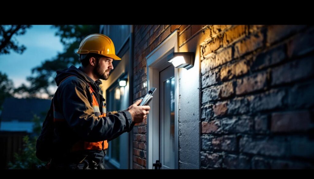 A photograph of a lighting contractor installing a photocell exterior light on a residential property during dusk