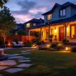 A photograph of a beautifully lit backyard at dusk