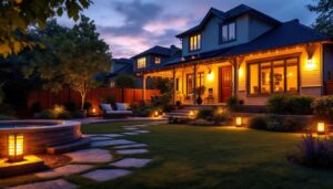 A photograph of a beautifully lit backyard at dusk