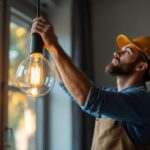 A photograph of a lighting contractor expertly installing a stylish