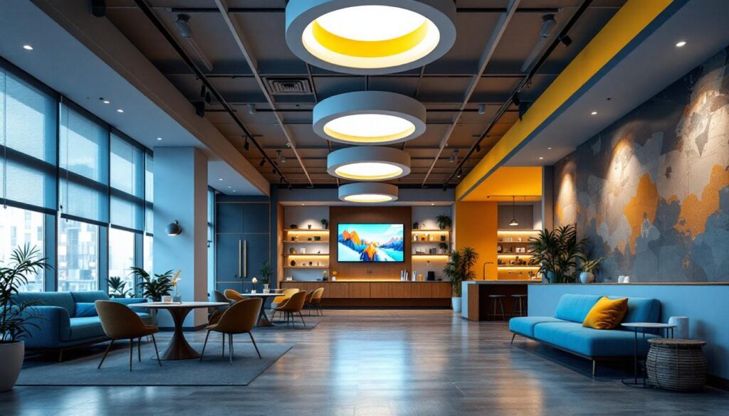 A photograph of a modern commercial space showcasing stylish recessed downlights in various designs and settings