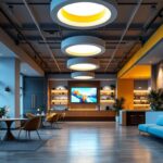 A photograph of a modern commercial space showcasing stylish recessed downlights in various designs and settings
