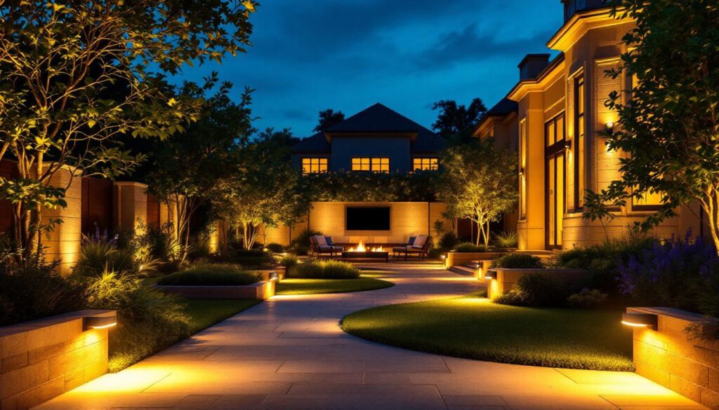A photograph of a beautifully designed outdoor space illuminated by motion sensor led lights at dusk