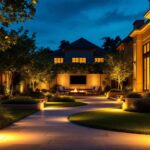A photograph of a beautifully designed outdoor space illuminated by motion sensor led lights at dusk