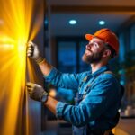 A photograph of a skilled lighting contractor installing a vibrant led lights kit in a modern residential or commercial space