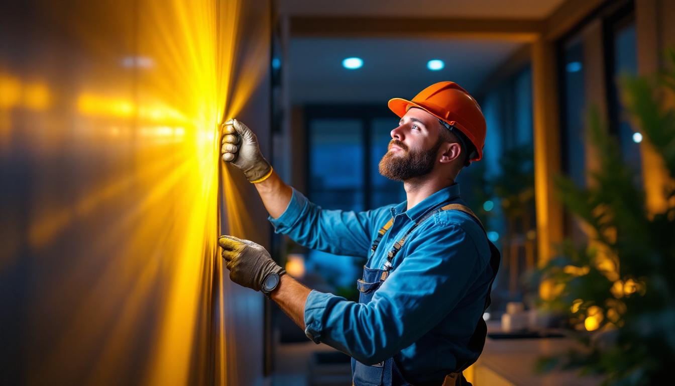 A photograph of a skilled lighting contractor installing a vibrant led lights kit in a modern residential or commercial space